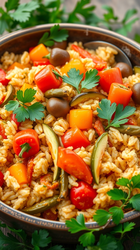 A bowl of vegan jambalaya with rice, bell peppers, and okra, garnished with parsley.